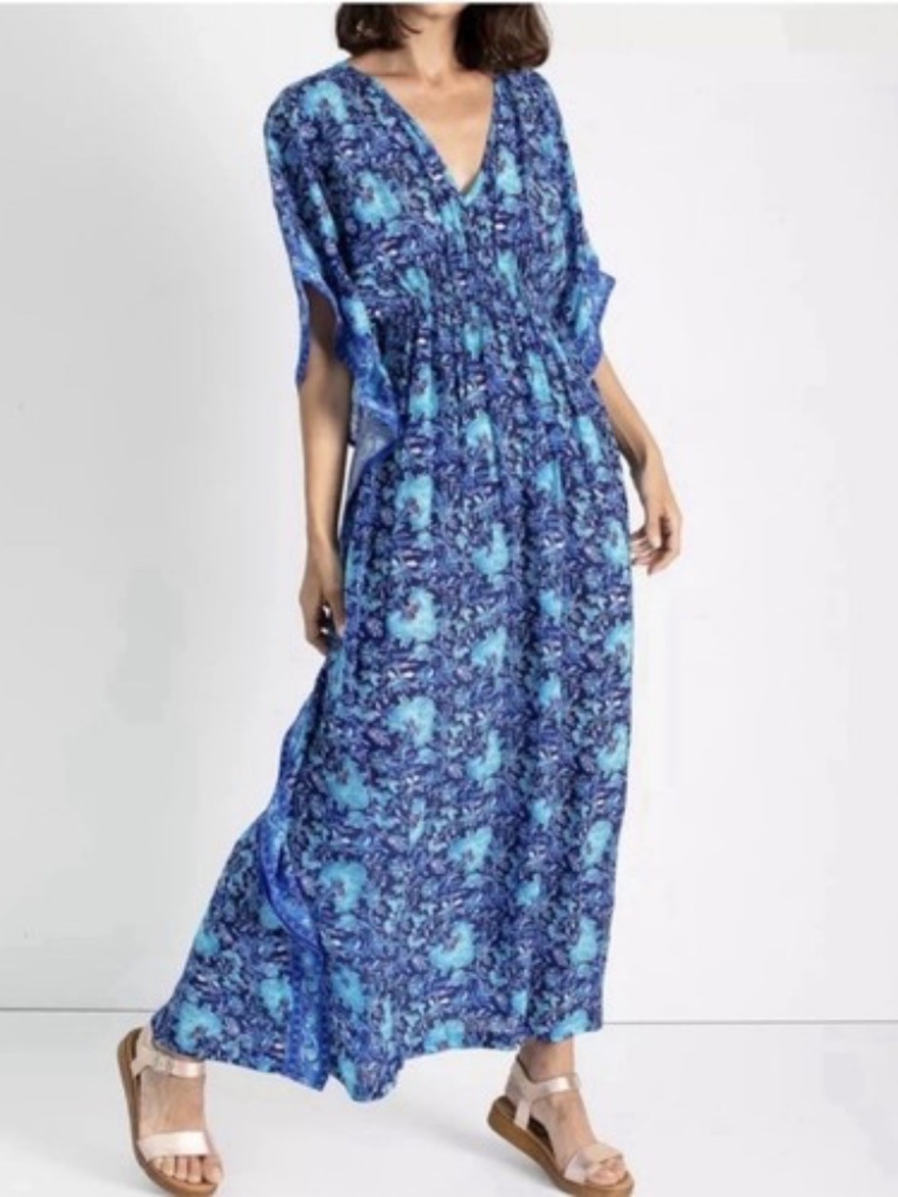 Rujuta Sheth caftan dress, vibrant blue floral